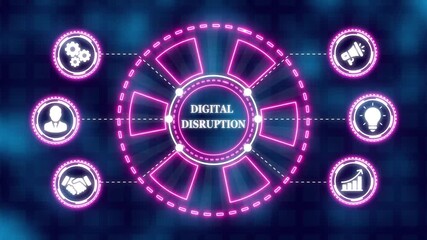 Digital disruption transformation innovation technology business internet concept. Abstract technology symbols on blue color grid background. glowing neon line animation. - Powered by Adobe