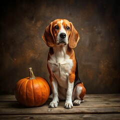 A cute beagle dog sits next to a pumpkin on a rustic wooden surface, evoking autumn and halloween themes
