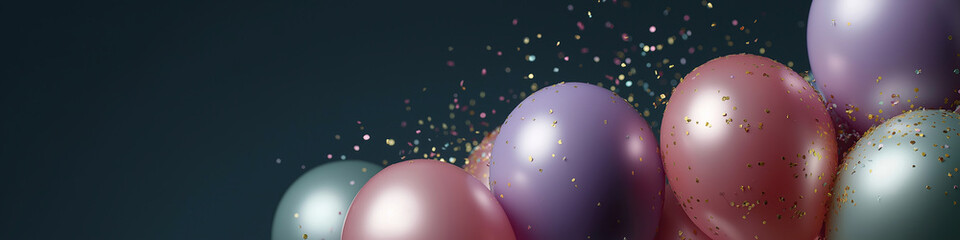 Colorful balloons float gracefully with sparkling confetti creating festive celebratory atmosphere together.