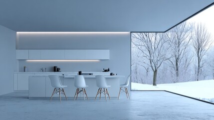Bright, white, modern kitchen interior with a large window view of snow-covered trees