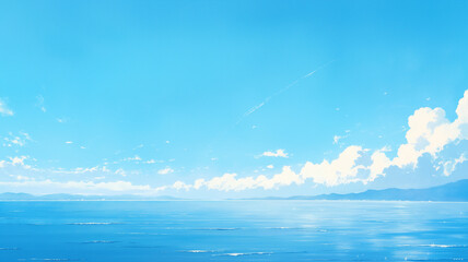 果てしない水平線と透明感のある青空が広がる海辺の風景に、どこか懐かしい光が降り注ぐ情景を描いたパノラマ構図のイラスト背景素材