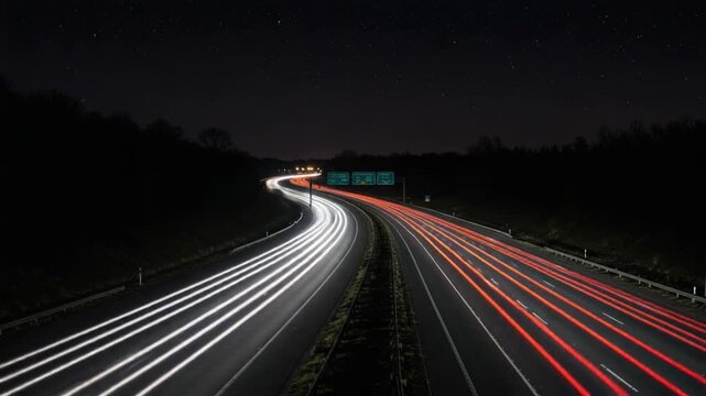 Long Exposure of a Serpentine Highway at Night with Starry Sky and Streaming Vehicle Lights in Vibrant Red and White Trails