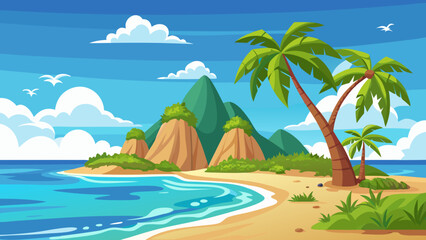 Fototapeta premium Vibrant tropical island beach scene with palm trees and mountains