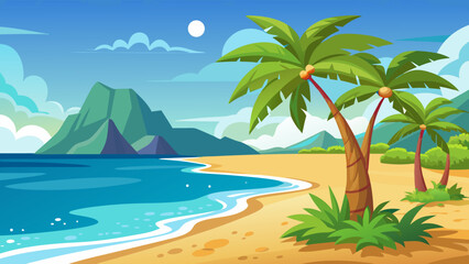 Obraz premium Tropical beach paradise with palm trees and mountains