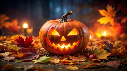 A carved halloween pumpkin sits on the ground surrounded by colorful autumn leaves and glowing candles