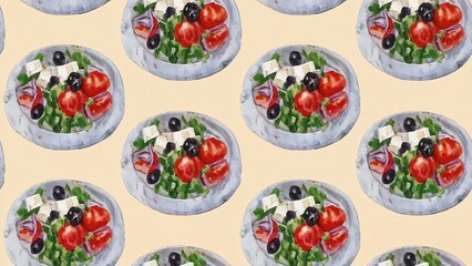 Seamless watercolor pattern with Greek salad
