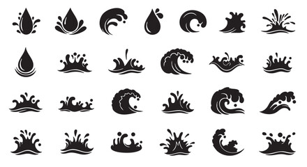 Obraz premium Collection of Water Drops and Waves in Black and White Vector Graphic Design Elements for Natural Concepts