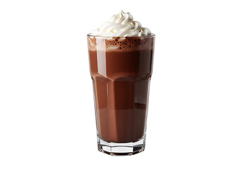 A tall glass of rich chocolate drink topped with whipped cream.