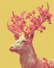 Vibrant deer with floral antlers nature scene artistic portrait bright yellow background close-up surrealism