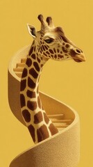 Giraffe sculpture on spiral staircase modern art exhibit creative installation bright yellow background artistic perspective