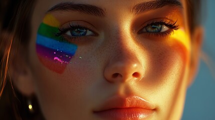 Close up portrait of woman with rainbow face paint and blue eyes for pride month celebration theme silhouette