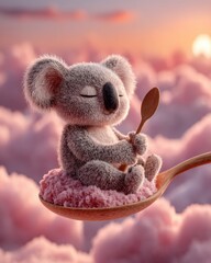Dreamy koala enjoying cotton candy clouds fantasy landscape digital art whimsical environment soft viewpoint