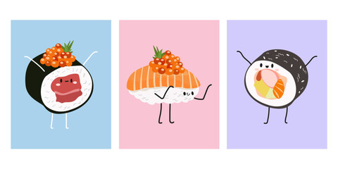 Asian food modern poster set in cartoon kawaii style. Flat cute sushi characters with rice, salmon, tuna, tiger prawn, caviar, fish, avocado and seaweed. Vector illustration