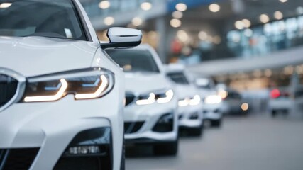 Sleek white cars highlighted in bright showroom ambiance, showcasing elegance and style