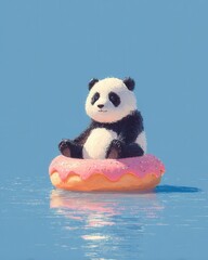 Cute panda floating on a donut in a calm blue ocean cartoon art whimsical environment playful view