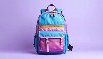 A Backpack Mosaic A Bold Patchwork of Primary Confidence isolated on purple 