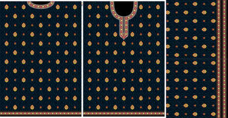 Black Kurti Buti Design – Mughal Inspired Vector Art for Embroidered Ethnic Tunic Fashion Template