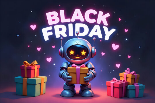 cute cartoon robot holding yellow gift box and smiling, black friday sale concept