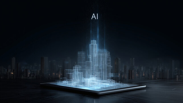 A tablet computer on a dark desk displays a glowing, 3D wireframe blueprint of a futuristic city block. The letters 'AI' act as a clean, simple title for the holographic blueprint.