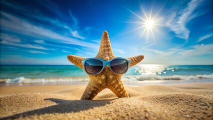 A cute starfish wearing sunglasses sits on a sandy beach, enjoying the bright sunny day by the ocean