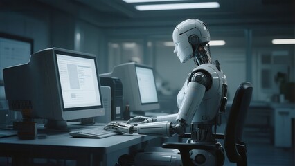 A robot is sitting at a desk working with computer in an office environment