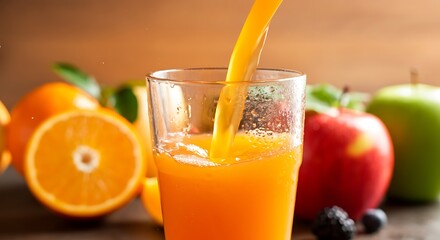 Refreshing orange juice pouring into a glass with vibrant fruit display and healthy beverage concept