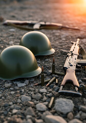 Two military helmets and a rifle lie on a rocky ground at sunset