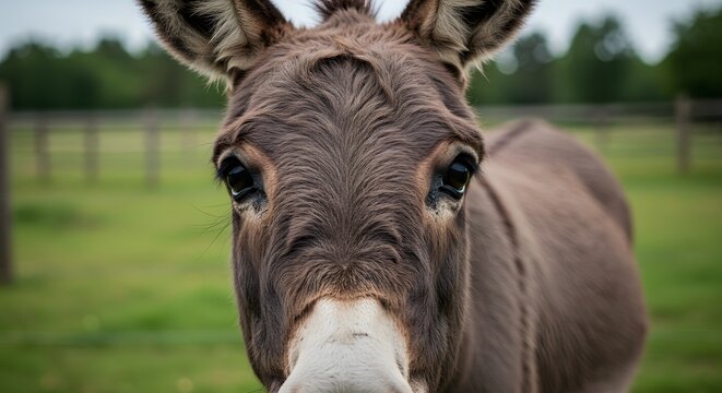 A closeup of a brown donkeys face highlighting its eyes furry head and soft muzzle in a grassy outdoor setting
