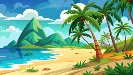 Obraz premium Vibrant tropical beach scene with palm trees and mountains