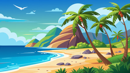 Fototapeta premium Tropical paradise beach with palm trees and mountains