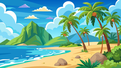 Obraz premium Tropical island paradise with palm trees and mountains