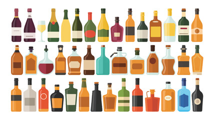 A flat, minimalist illustration of 40 different liquor bottles arranged in three rows against a white background. 