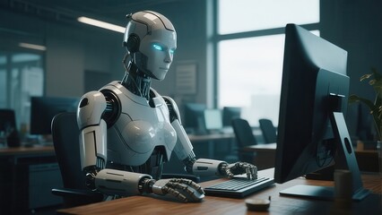 A robot is sitting at a desk working with computer in an office environment
