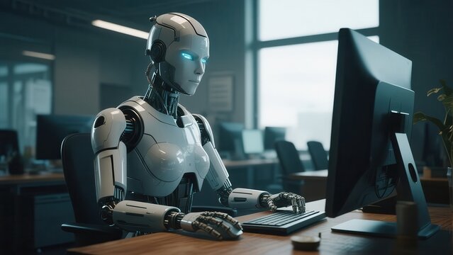 A robot is sitting at a desk working with computer in an office environment