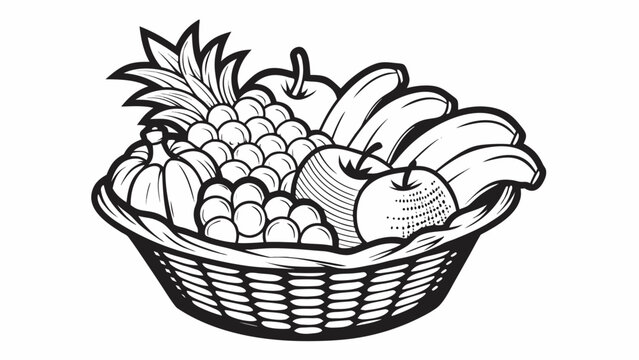 A black and white drawing of a basket overflowing with various fruits including bananas apples and grapes