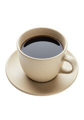 Fototapeta premium Full cup of dark black coffee in a light beige speckled ceramic mug with a matching saucer, isolated against a plain white background with bright shadowless studio lighting, close-up, ultra