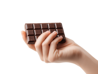 A hand delicately holds a bar of rich, dark chocolate