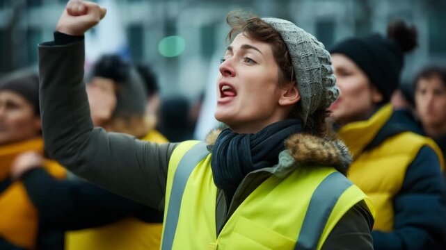 Woman raising fist in protest wearing yellow vest with crowd and flag in the background