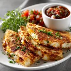 Delicious Cheese Quesadillas with Salsa and Fresh Herbs on White Plate