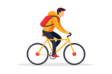 Fototapeta premium Man riding yellow bicycle with red backpack, wearing yellow jacket and dark trousers