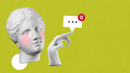 Modern artwork of female sculpture head and hand with zero messages symbol on green background. Concept of digital loneliness, youth education, media awareness, and teen mental health.