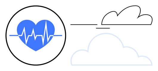 Heartbeat graph inside blue heart alongside cloud icons representing data storage, connectivity, and digital health services. Ideal for healthcare, telemedicine, data sync, cloud storage, health