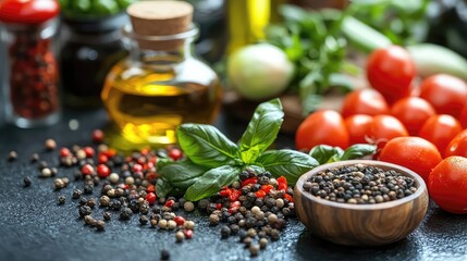 Fresh cooking ingredients like vegetables herbs spices and oils arranged aesthetically on countertops supporting natural recipe development and healthy eating photography