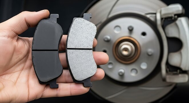 Hand holding new and worn car brake pads next to a car brake disc