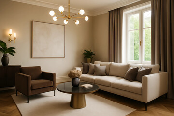 Elegant Living Room Interior: A sophisticated living space, meticulously designed with a modern aesthetic, features a comfortable sofa, stylish armchair.