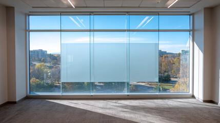 Fototapeta premium Vast View: A modern building interior, offering a expansive view of a vibrant cityscape framed by expansive windows.