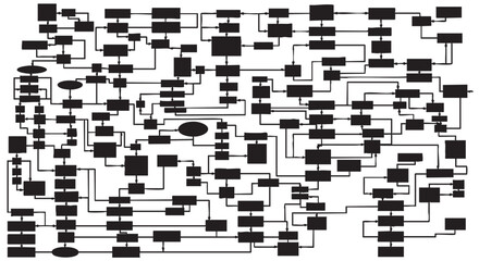 Complex System Diagram of Black Shapes and Connecting Lines Exploring Interconnectivity and Workflow Processes for Business or Technology Concepts