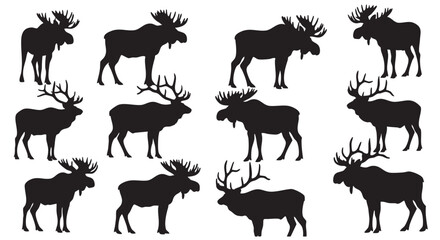 Obraz premium Silhouette Collection of Antlered Animals Moose and Deer Set Against a White Background Seamless Pattern Design Template Vector
