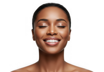 Woman smiling with her eyes closed portrait on transparent background