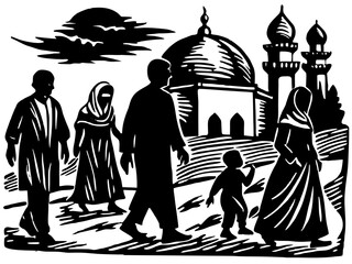 Muslim Family Walking to Mosque Silhouette – Linocut Sunset Scene Vector
